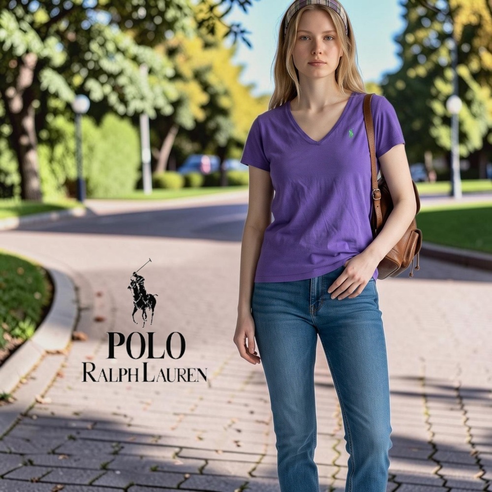 Y2K Ralph Lauren Sport V-Neck‎ T-Shirt Womens Pima Cotton Purple Junior Large
